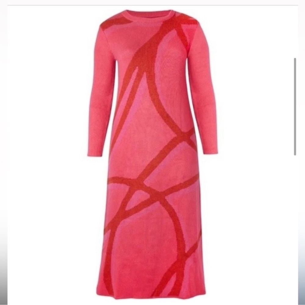 11 Honoré  Elegant Pink Red Abstract Long Cozy Knit Long Sleeve Dress